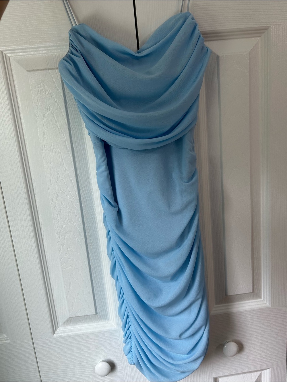 Hello Molly Light Blue Strapless Draped Mini Dress